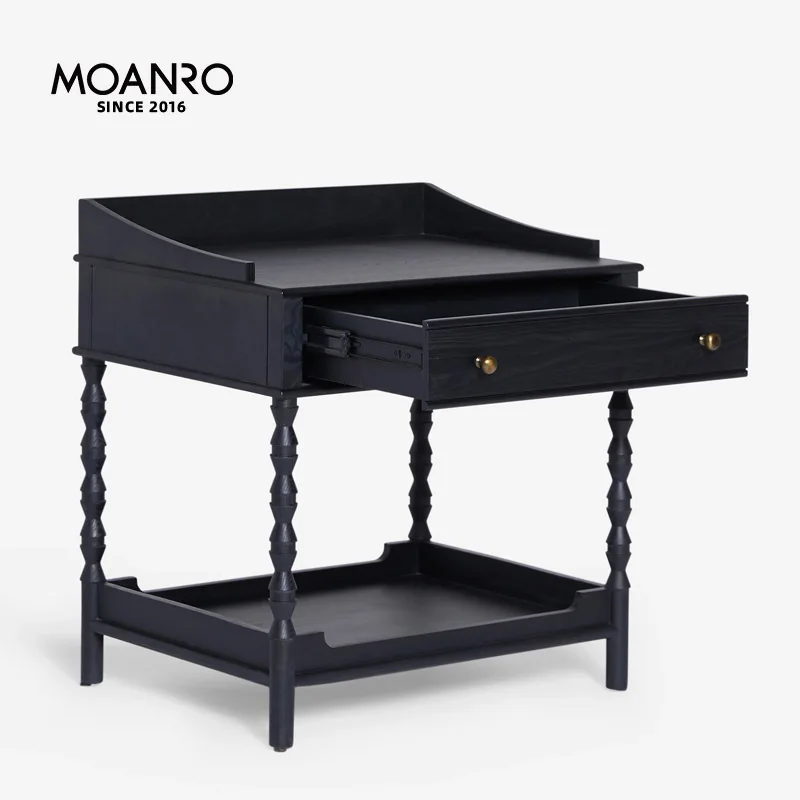 French bedside table, American side cabinet retro black small round solid wood creative design bedroom walnut