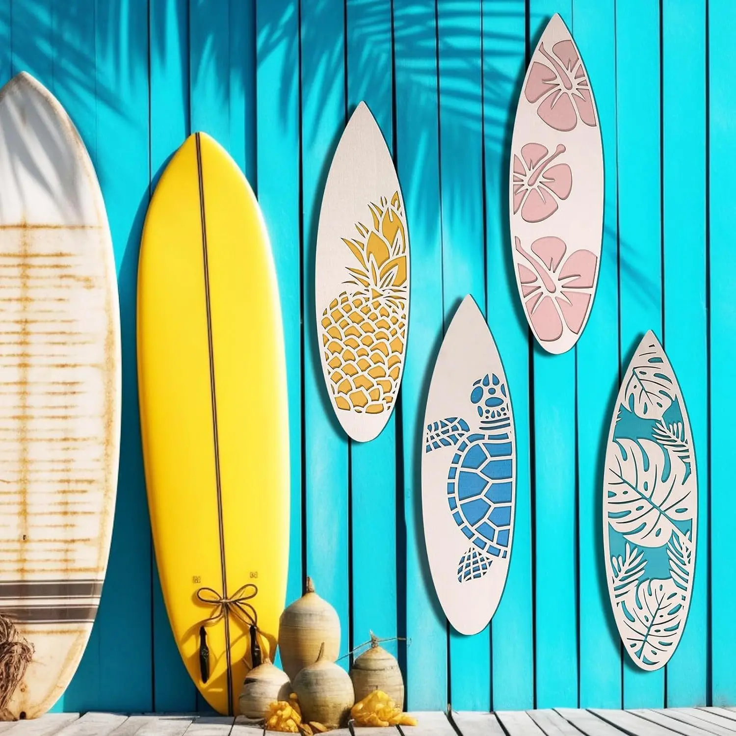Wooden Plank Wall Hanging Sign Summer Themed Hawaiian Tropical Hibiscus Flower Wall Decoration Pineapple Sea Turtle Door Sign