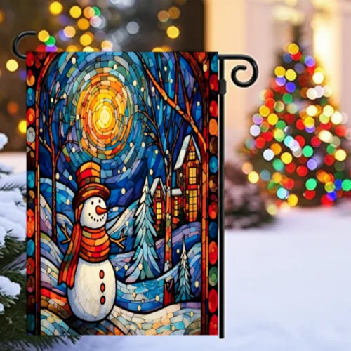 Mosaic Snowman Winter Garden Flag Festive Snowy Village Outdoor Decor 12x18 Inch RRI