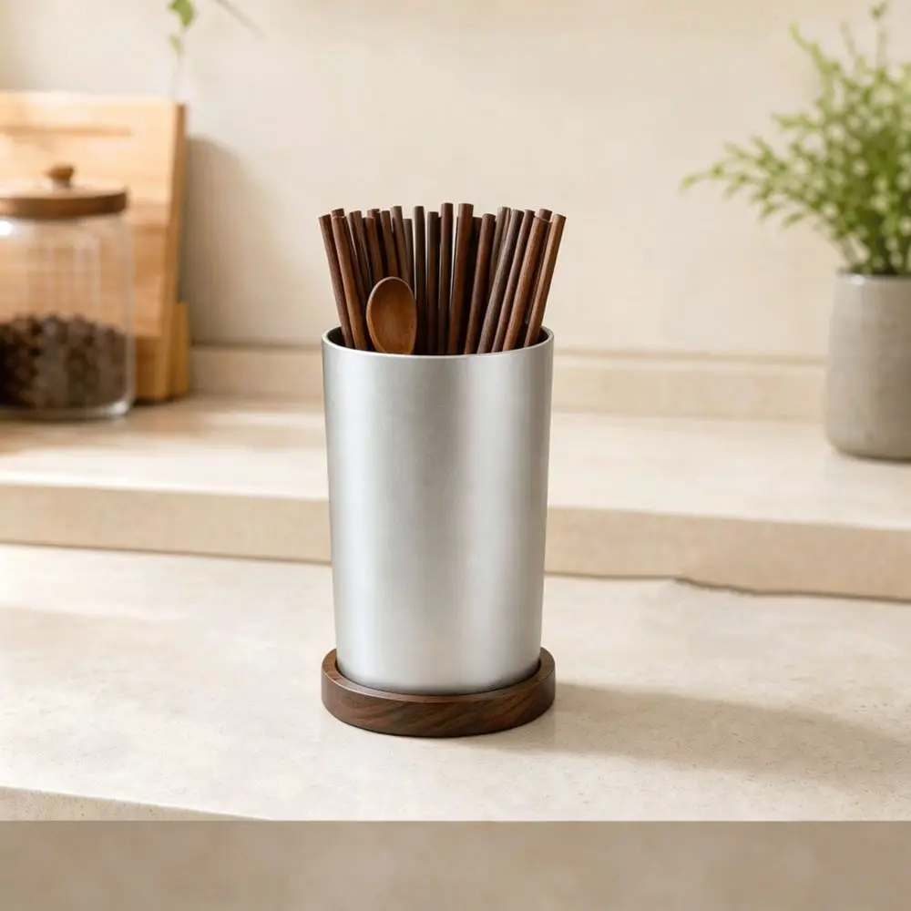 Countertop Utensil Holder For Kitchen Organizer Ebony Wood Space Aluminum Drainer Rack For Cutlery Spoon Fork