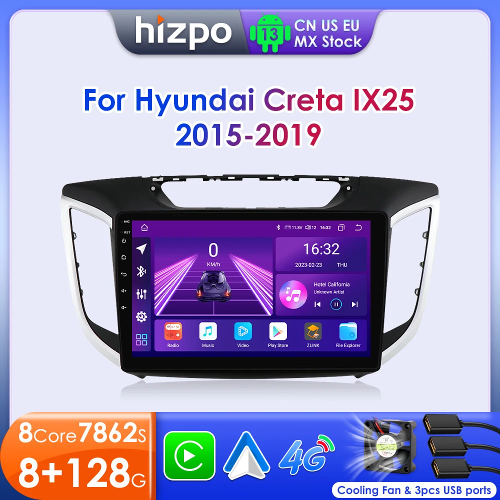 Hizpo 2 Din Android 13 Car Radio For Hyundai Creta ix25 2015-2019 Multimedia Video Player GPS 4G Carplay Auto Stereo Head Unit
