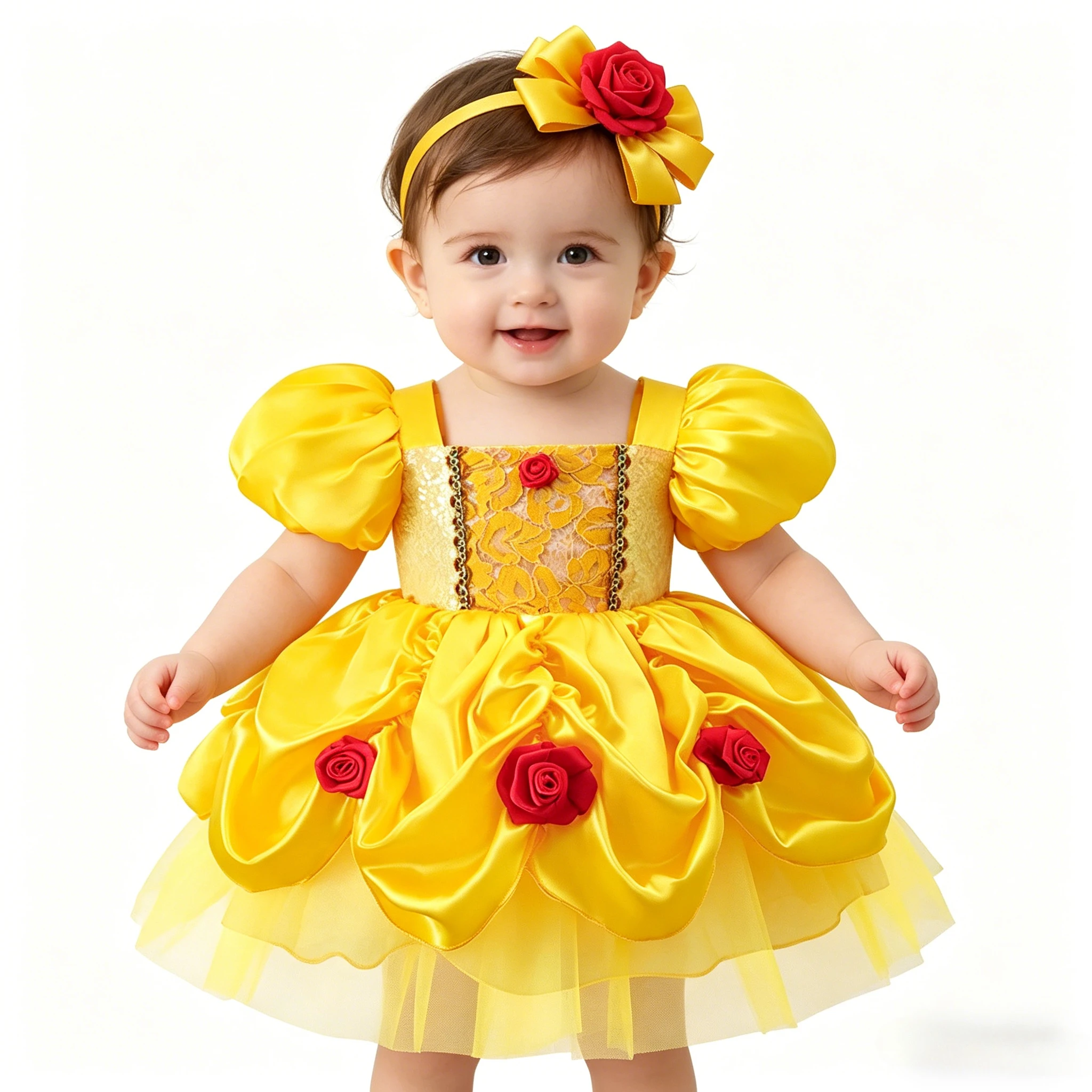Mädchen Taufkleid Prinzessin-Kostüm mit Roter Rose und Gelben Blumen für Geburtstagsfeiern und Sommer XMZ65