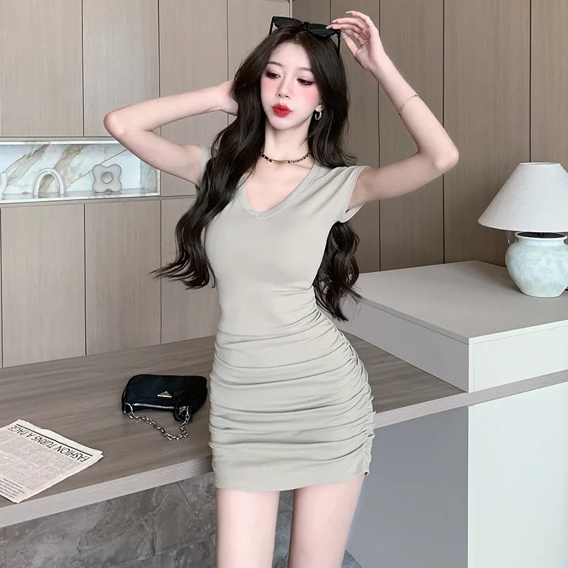 

Temperament V-neck Shirring Hip Wrap Dress Women Korean Sleeveless Solid Spicy Girl Backless Sweet Slim Summer Chic Party Wear