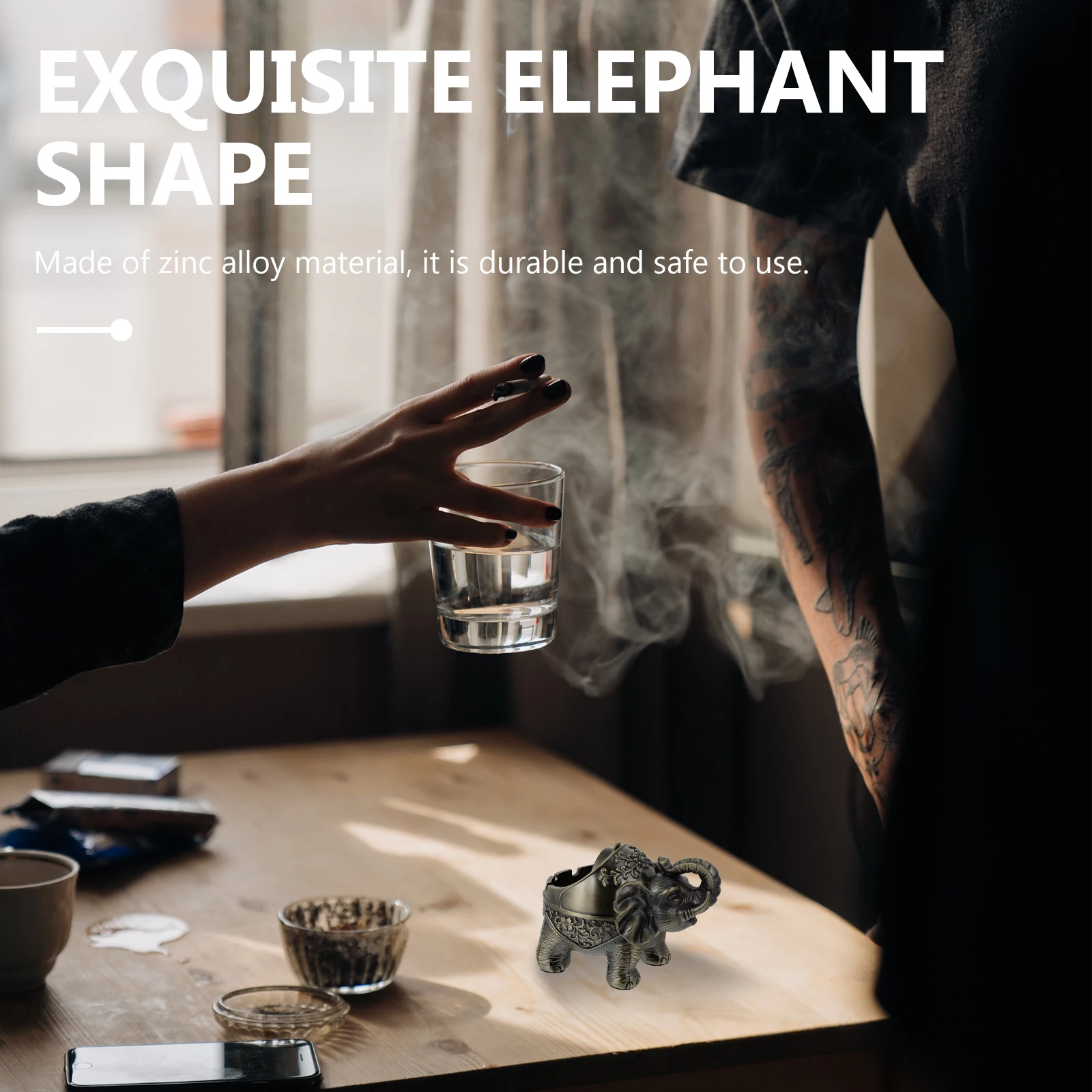 

Elephant Ashtray Zinc Alloy Retro Cigarette Holder Soot Container Animal Design Safe Windproof Home Office Display Gift