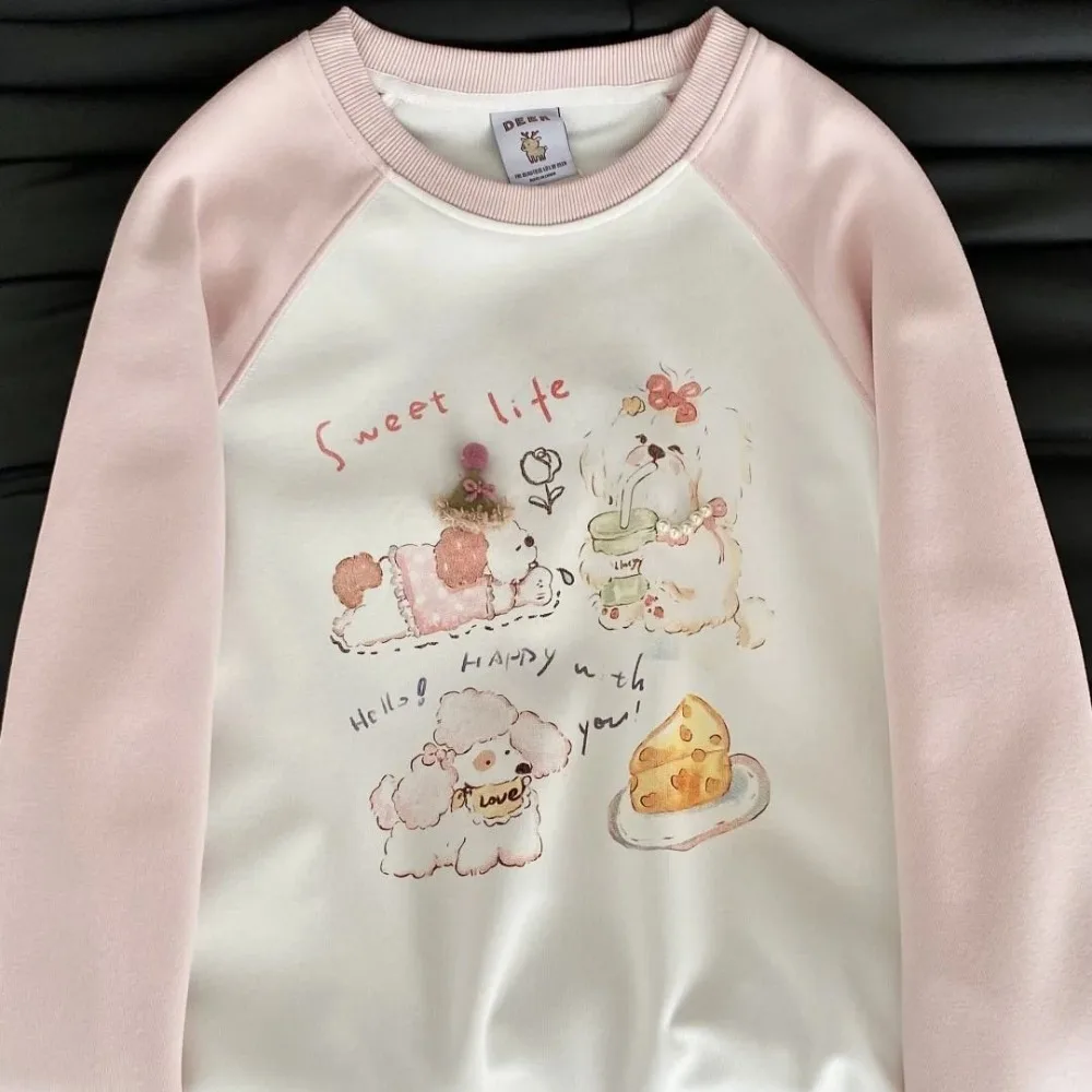 Harajuku Cute Retro Dog Printed Hoodie Women Preppy Style Teens Long Sleeve Sweatshirt Pullover Korean Sweet Girl Loose Oversize