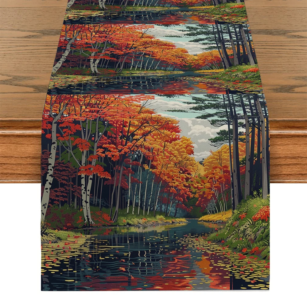 Autumn Natural Scenery Forest River Table Runners Washable Dresser Dining Coffee Table Runner Wedding Holiday Party Decor