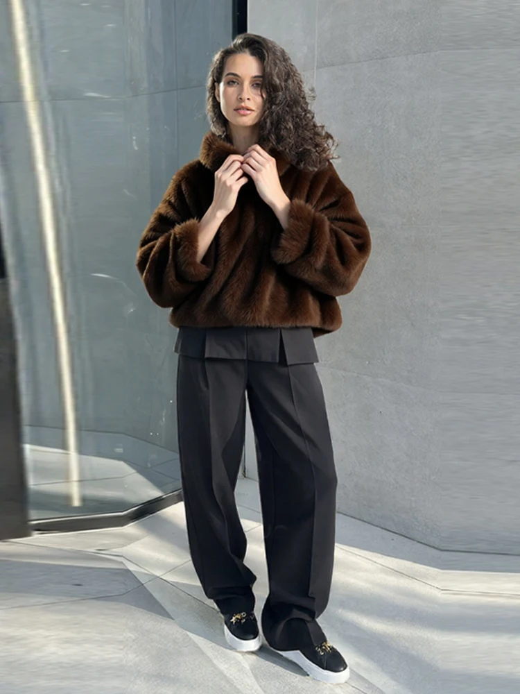 Fashion Women's Brown Hooded Faux Fur Coat Oversized Luxurious Long Sleeve Pocket Jacket Lady 2025  Winter Chic Outerwear Street