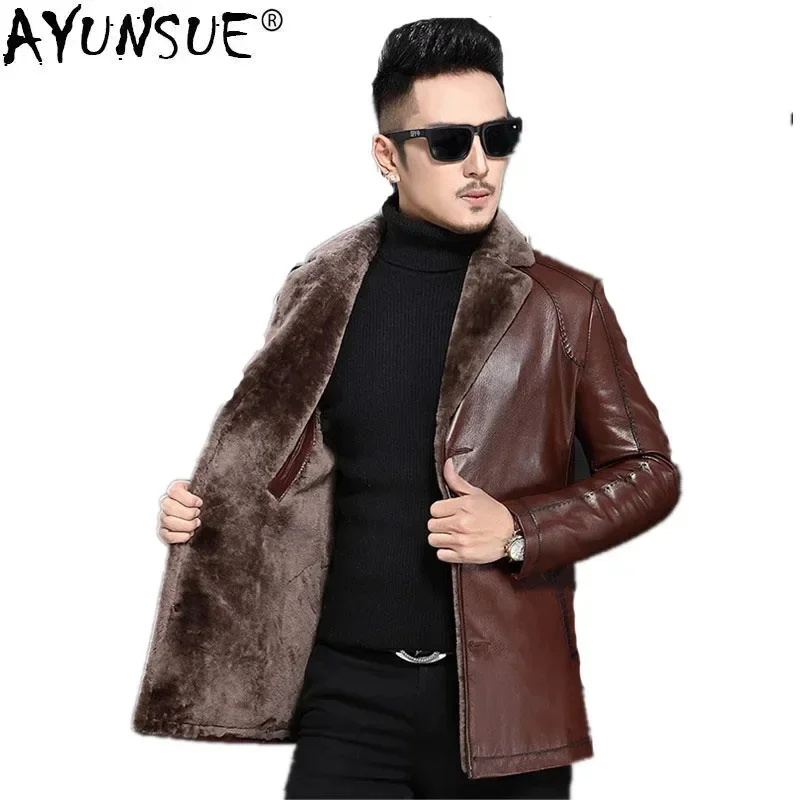 AYUNSUE Winter Jacket Men Natural Lamb Fur Coats Plus Size Coat 5xl 6xl Mens Genuine Sheepskin Leather Jackets Long MY764