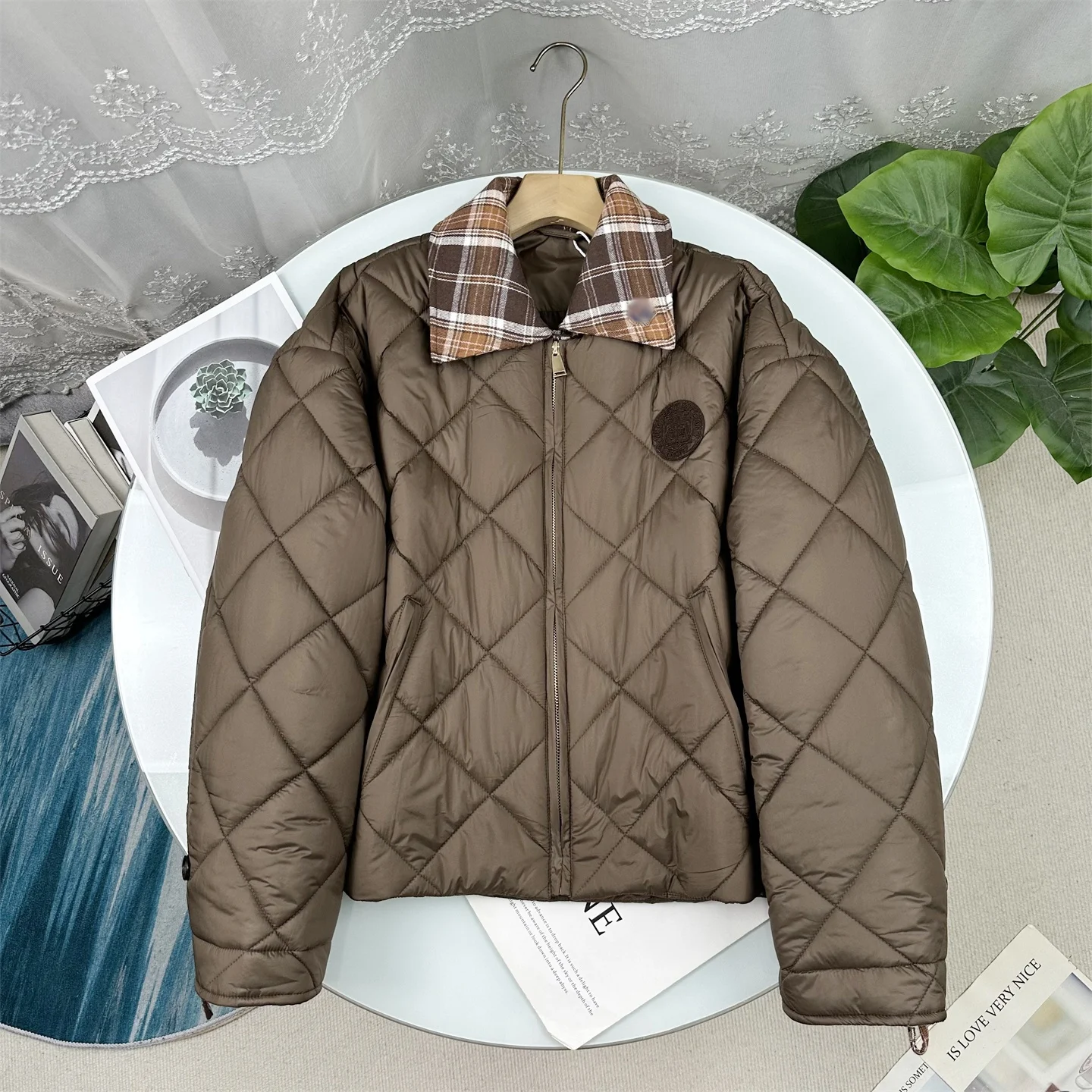 

Barn Style Cotton Jacket Women's Winter Coat Diamond Pattern Turn-down Collar Long Sleeve Zipper Closure Casual Outerwear