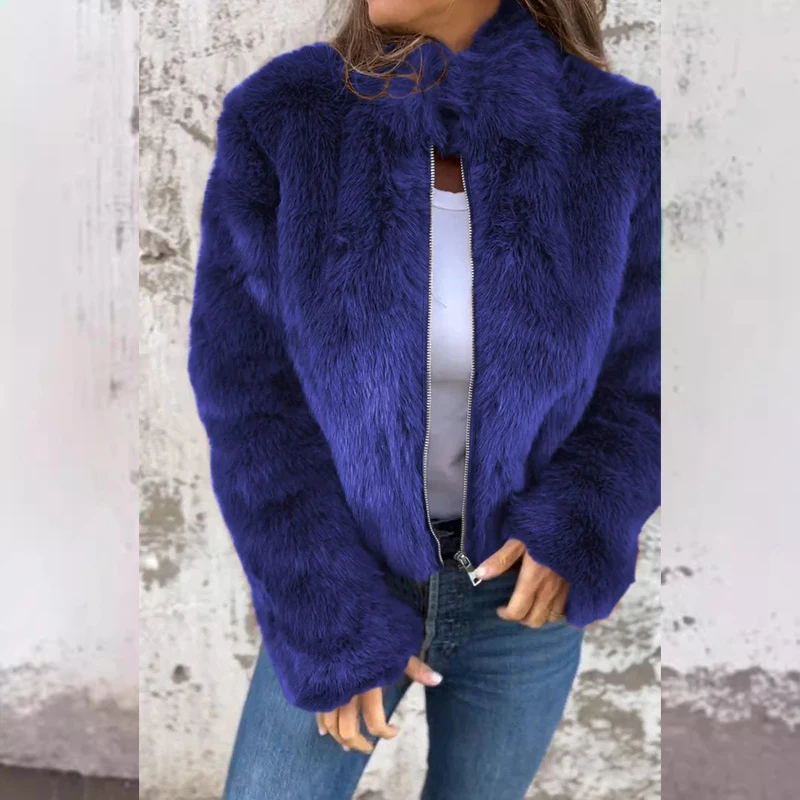 Autumn Winter Fashion Warm Faux Fur Jacket Coat Vintage Women's Stand Collar Long Sleeved Outwear Chic Casual Zipper Streetwear