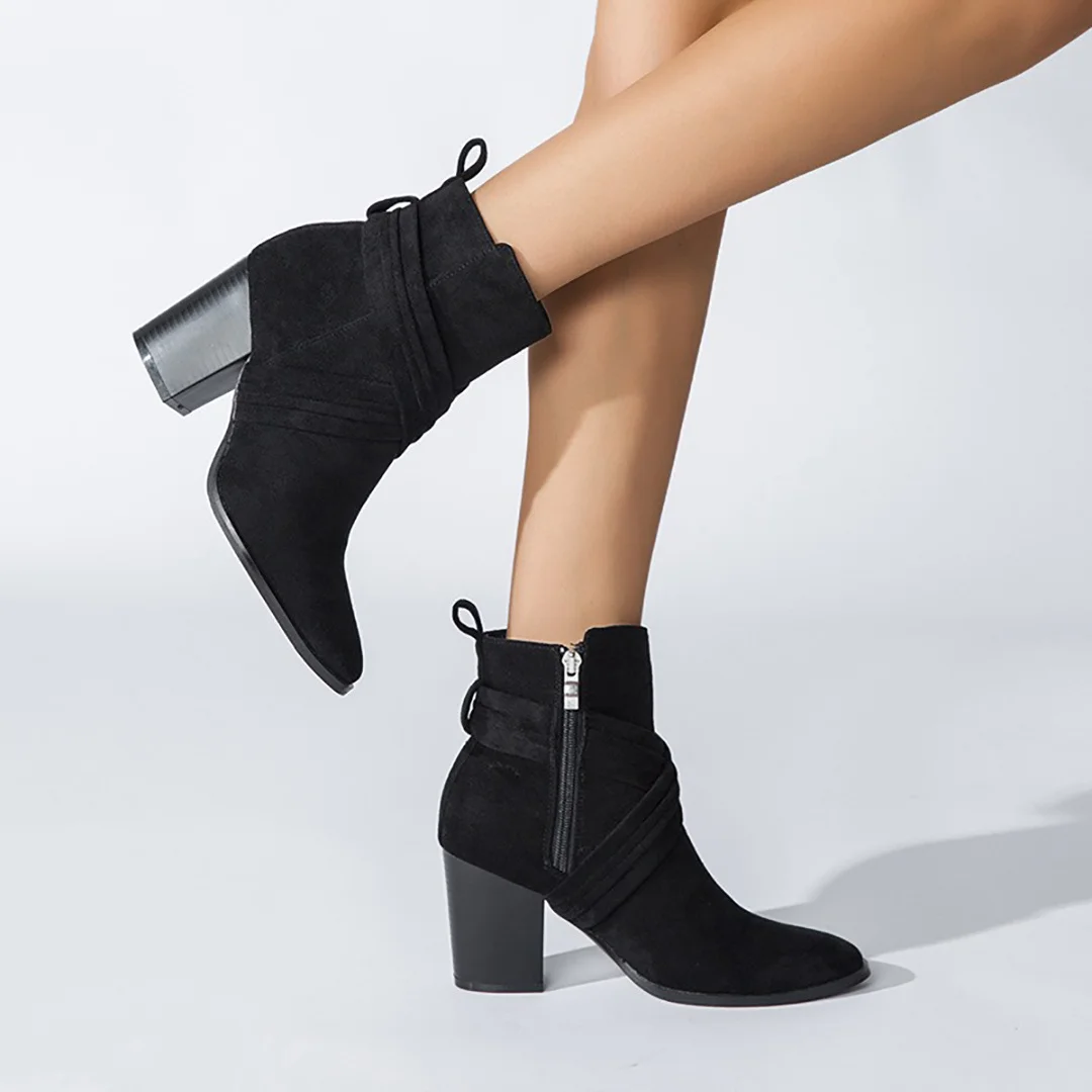 Bottes de rinçage à talons hauts en faux daim noir pour femmes, bout pointu, talon carré, botte courte à la mode, botte à glissière latérale, chaussure pour femme, hiver