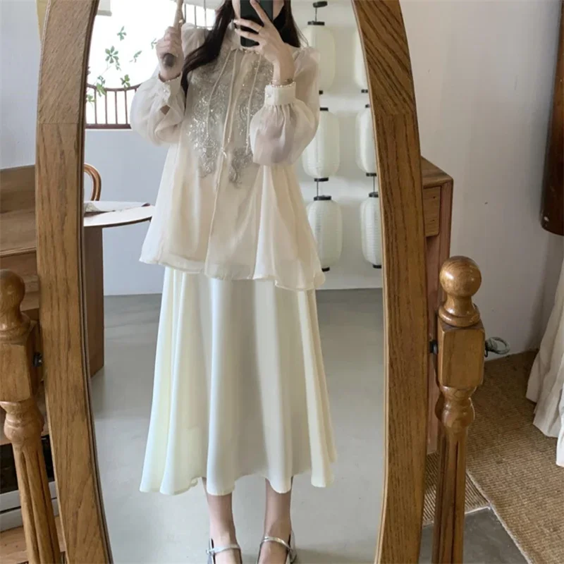 Luxury Women Summer Fairy Tops and Skirt Sets Chinese Style Loose Secuined Blouse + Midi Skirt Elegant Ladies Two Pieces Suits