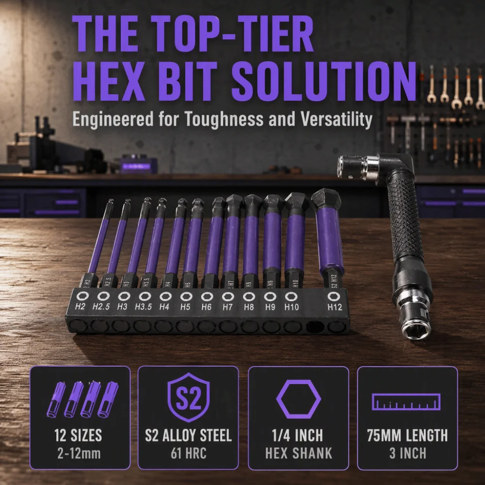 12pcs 1/4 Inch Hex Shank Ball End Hex Bit Set Magnetic Tip Metric Sizes 2-12mm Allen Wrench Drill Bit Set 75mm Length