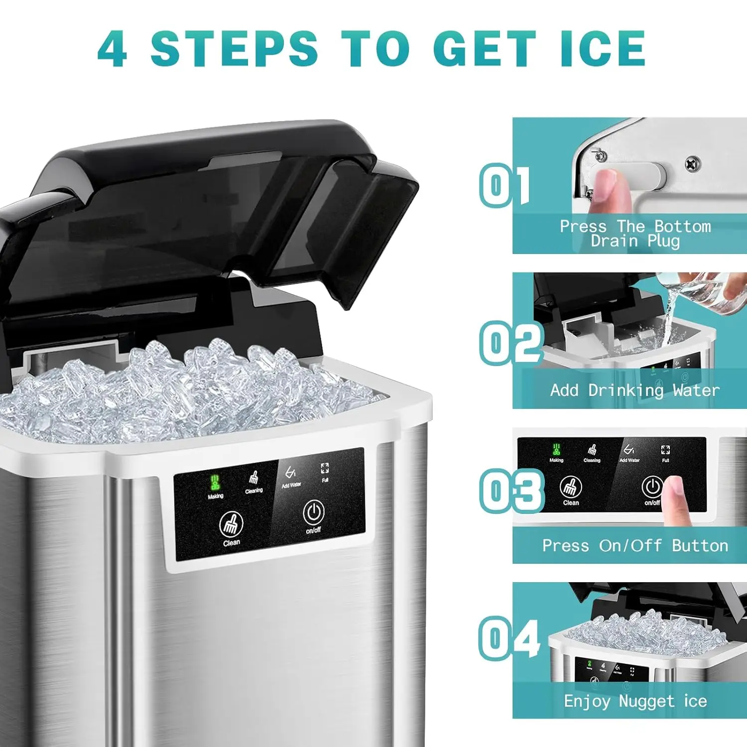 Piano di lavoro per macchina per il ghiaccio Nugget, 38 libbre al giorno, con ghiaccio a pellet morbido masticabile, autopulente, macchina per il ghiaccio con cestello e paletta