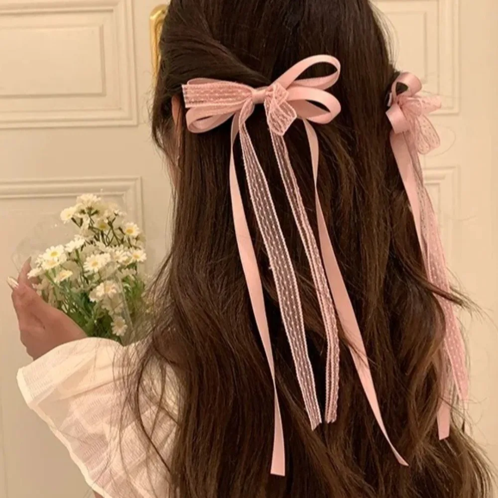 

2pcs Korean Sweet Lace Bowtie Hair Clips Women Girls Fabric Hairpins Barrettes Trend Long Ribbon Headband Pins Cute Headwears