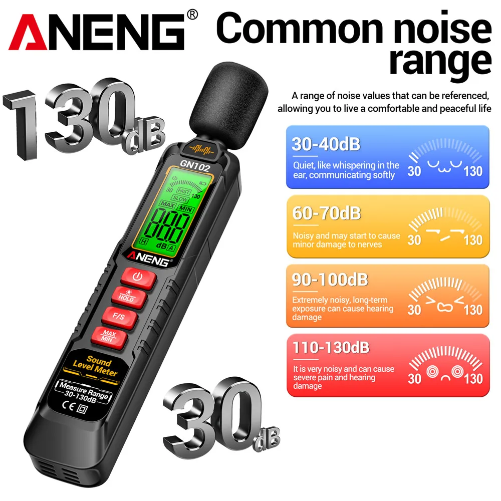 Aneng gn102 sensor de alta precisão medidor de ruído 30-130db ruído ambiente à prova de vento esponja capa dobrar ferramentas de medição de retenção de dados