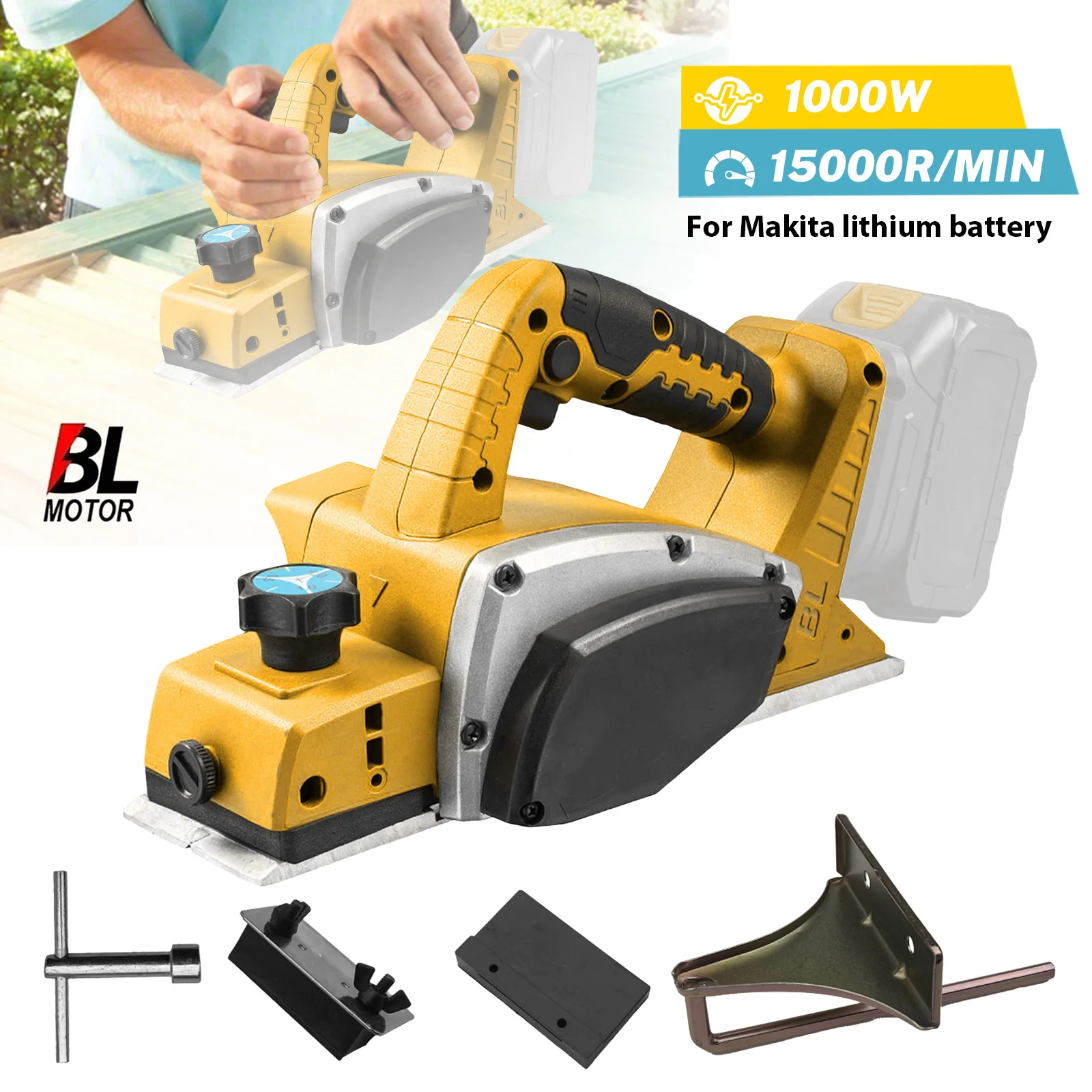 Raboteuse électrique sans balais de 82 mm, 15 000 tr/min 1000 W, bricolage domestique compatible avec batterie DeWalt 20 V, profondeur 0-2 mm et rainurage de 9 mm