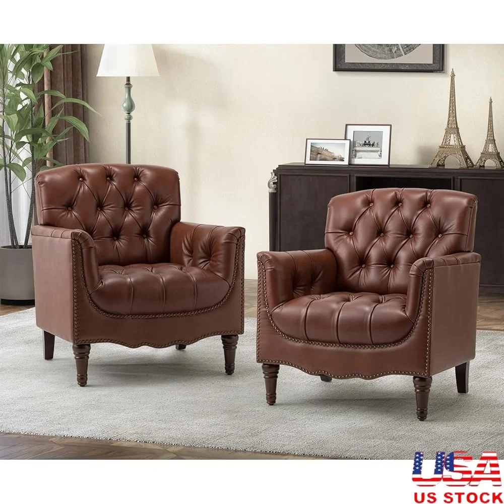 

Mid Century Modern Genuine Leather Accent Chairs Set of 2 Button Tufted Armchairs Ergonomic Support Durable Solid Frame