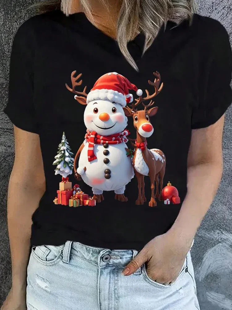 Women Casual T Shirt Christmas Tree Print Female Short Sleeve T-Shirt