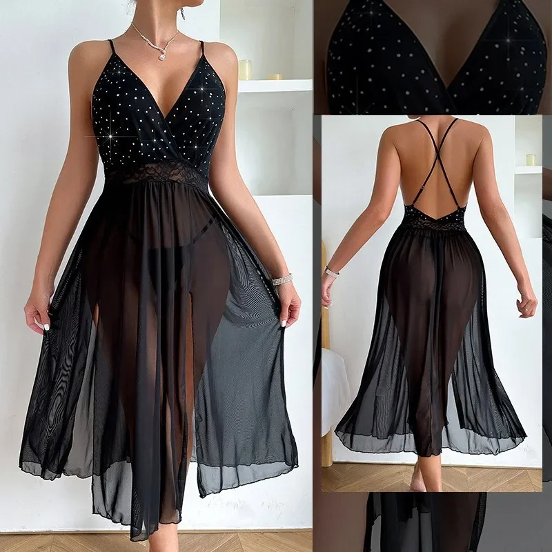 Glamorous Long Sheer Nightgown Sparkling Mesh Slip Dress Transparent Sexy Lingerie Nightdress Evenings Sexy Nightwear Women