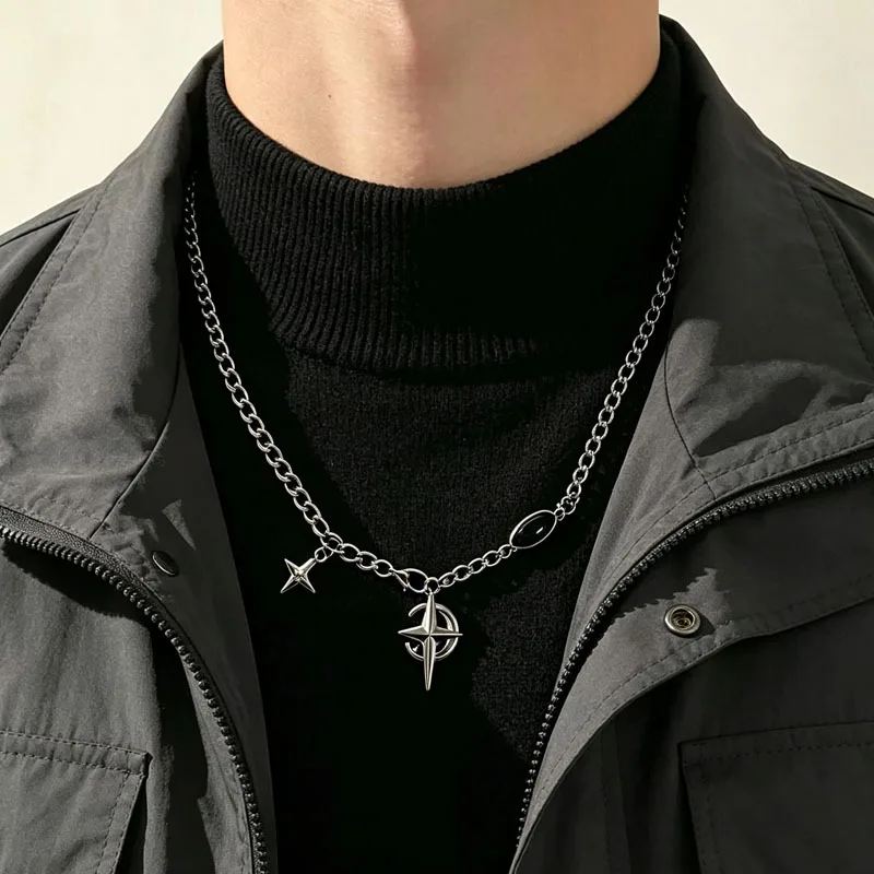 New Y2K Cuban Figaro Chain Star Moon Pendant Necklace Men Punk Black Zircon Chain Choker Necklace For Men Jewelry Gifts