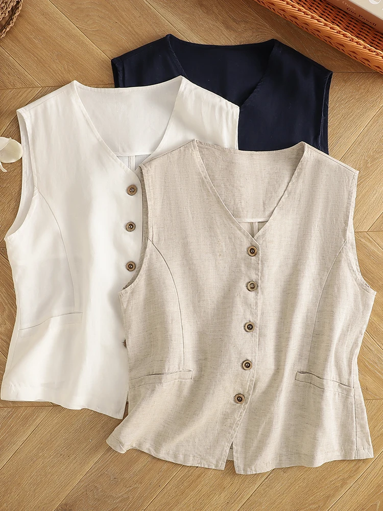 Decorative Single-Button V-Neck Women's Vest Pure Color Stitching Summer New Style Retro High-End Feeling Cotton Blend Breath...