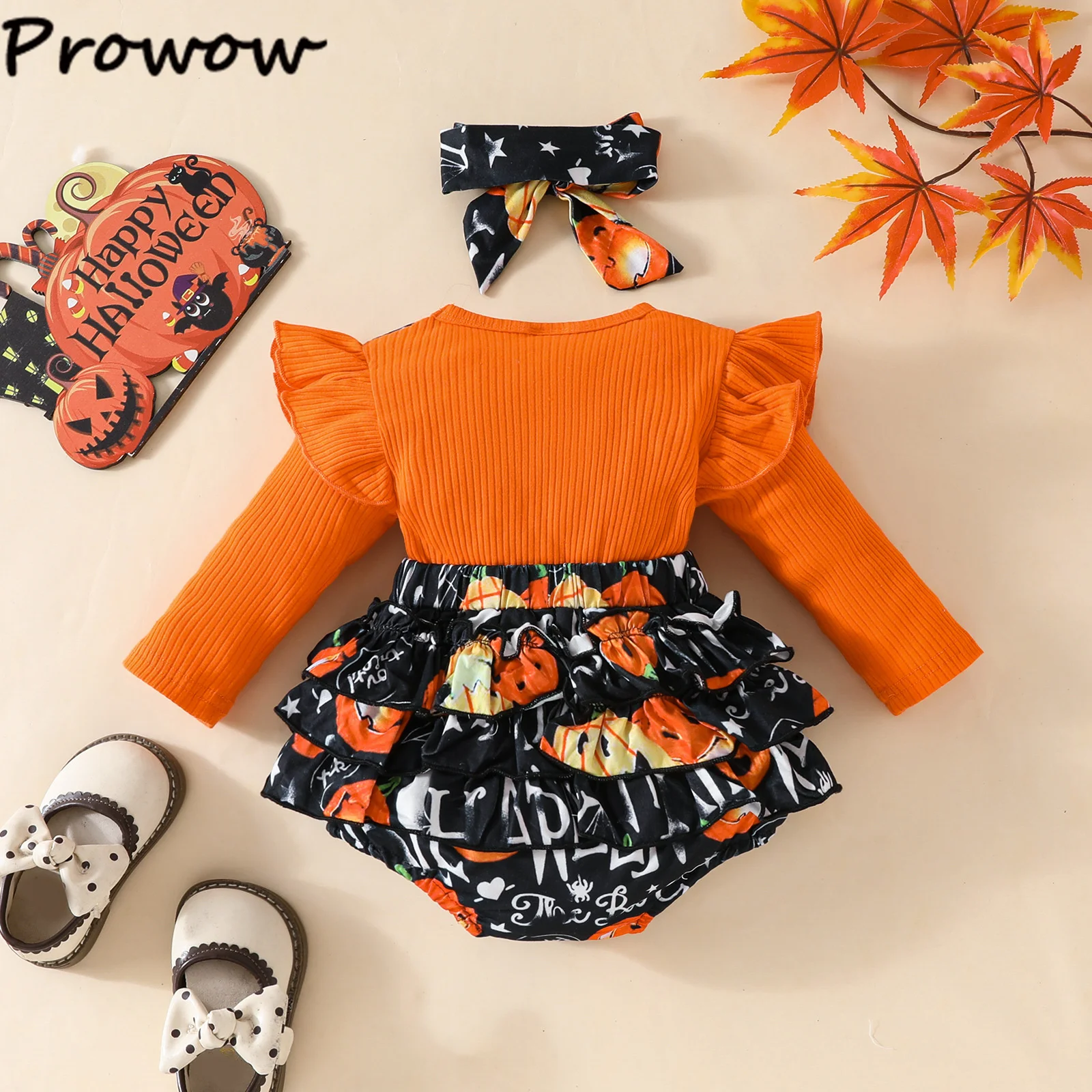 Prowow Baby Halloween Bodysuit For Girls Orange Pumpkin Printed Romper With Headband 2pcs Sets My First Halloween Baby Costume