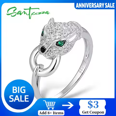 SANTUZZA 925 Sterling Silver Ring For Women Green Spinel White Cubic Zirconia Leopard Panther Rings Party Trendy Fine Jewelry