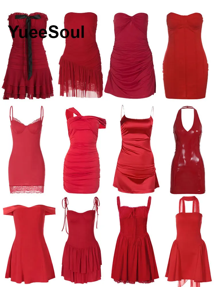 Mini robe rouge pour femmes, nouvelle collection été 2021, Y2K, fête de mariage, Club, décontractée, rue, sans manches, Slim, Sexy, vêtements féminins