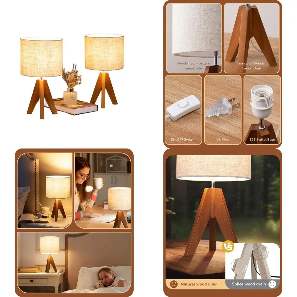 

Деревянная настольная лампа-трипод с льняным абажуром, прикроватный светильник 14,2 дюйма для дома и офиса, комплект из 2 штук