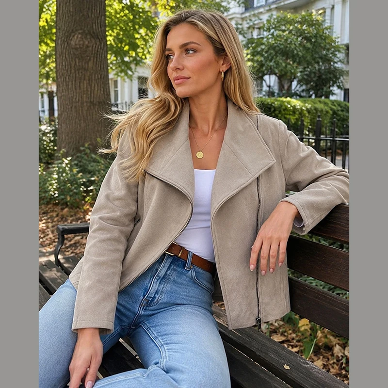 Fashion Lapel Collar Jacket Apricot Deer Velvet Patchwork Zip Slim Fitting Short Coat 2026 Fall Commute Office Daily Lady Coats