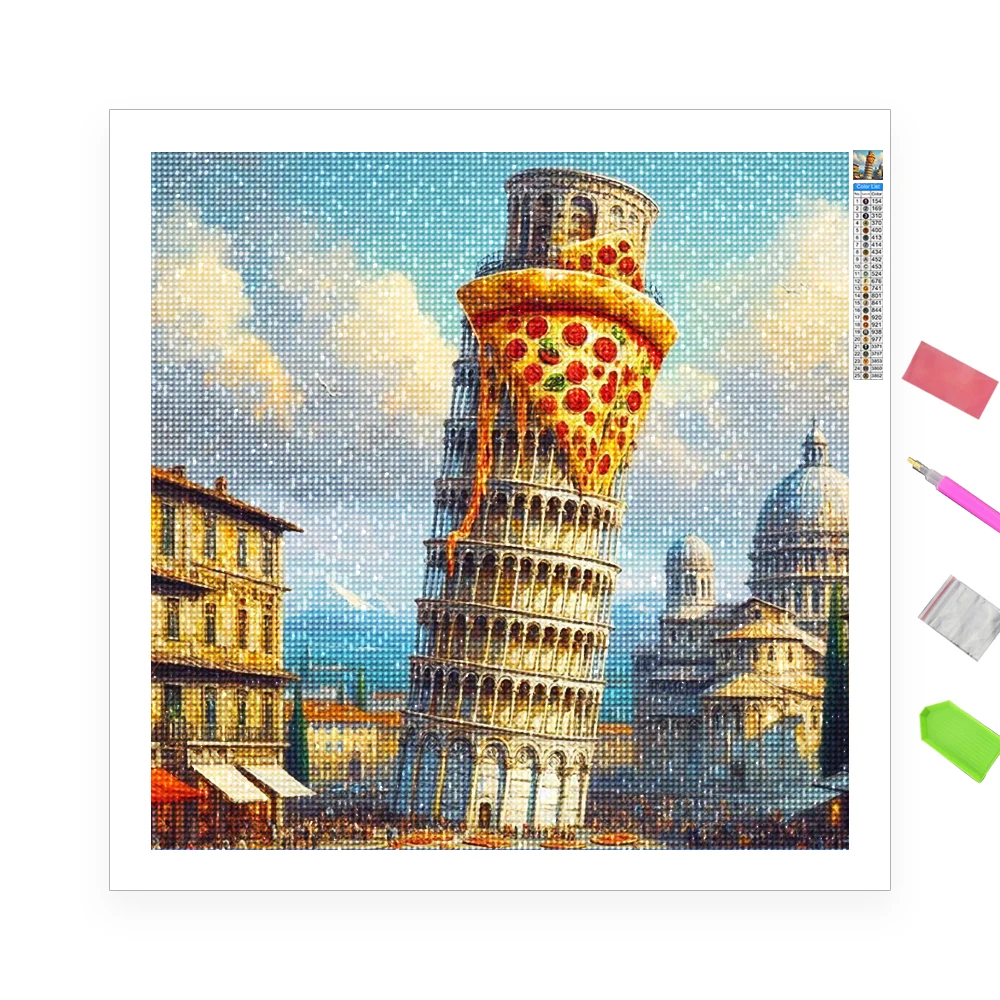

Pizza and the Leaning Tower of Pisa 5D Diamond Art Painting Architectural scenery DIY Diamond Embroidery Living Room Wall Decor