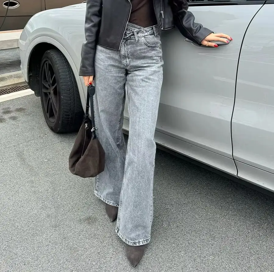 KONDALA Fashion 2024 Autumn Asymmertical Women Long High Waist Wide Leg Pants Zipper Casual All Match Streetwear Denim Trousers