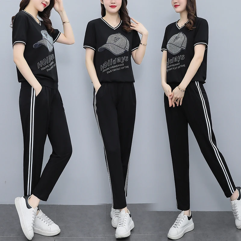 Women Summer Sport Two Piece Set Short Sleeve V Neck Tops And Pants Casual Cotton Plus Size Black Holiday Suit Slim Tracksuit