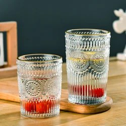 Nordic Cup with Golden Edge Vintage Sunflower Glass Cups Embossed Water Cup Juice Cup Breakfast Glass Wine Glass Household Glass