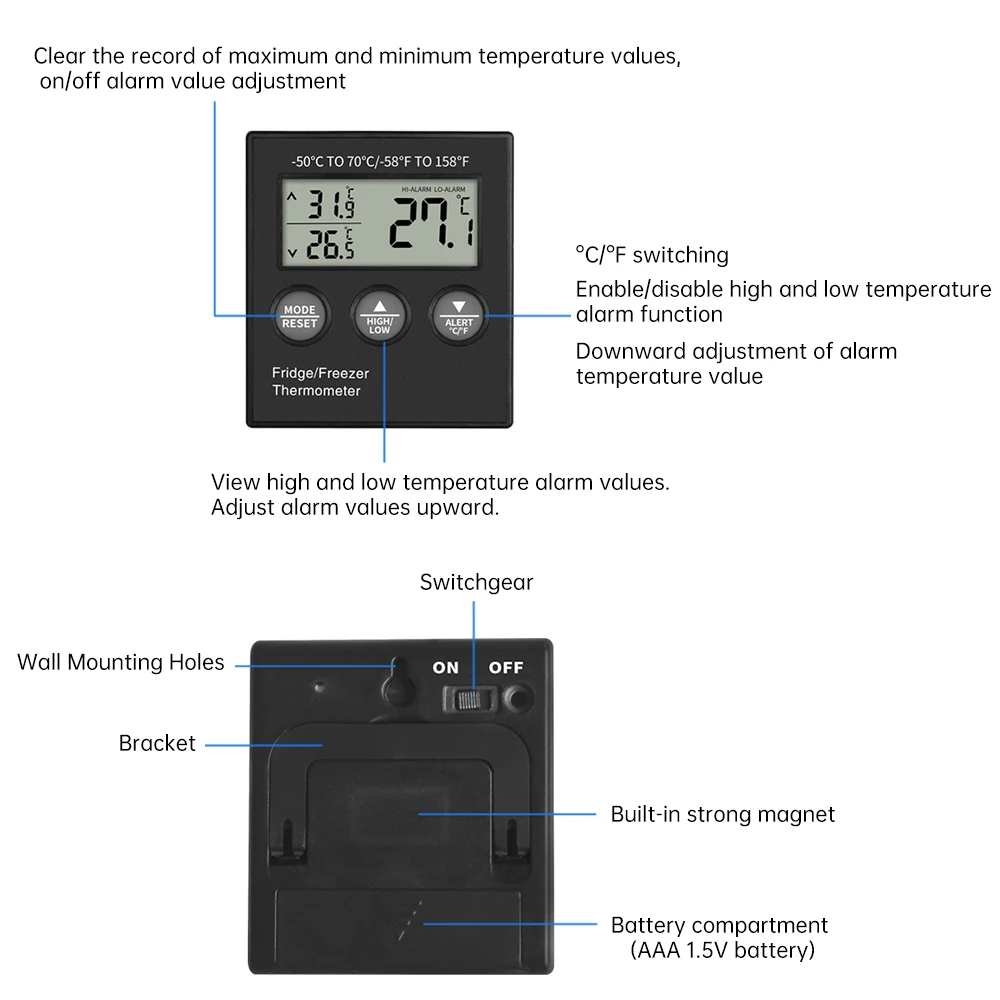 -50℃~70℃ Electronic Thermometer Digital Display Refrigerator Temperature Monitoring High and Low Temperature Buzzer Alarm