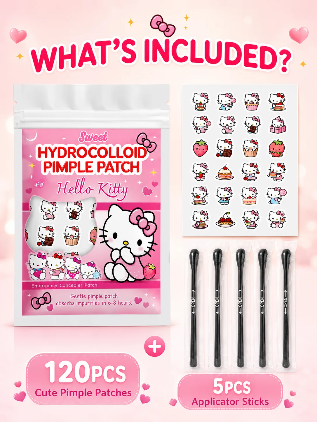 Sanrio Cartoon Acne Patches with Cotton Swabs, 120+5 Pieces, Deep Cleansing and Gentle Care for Pores