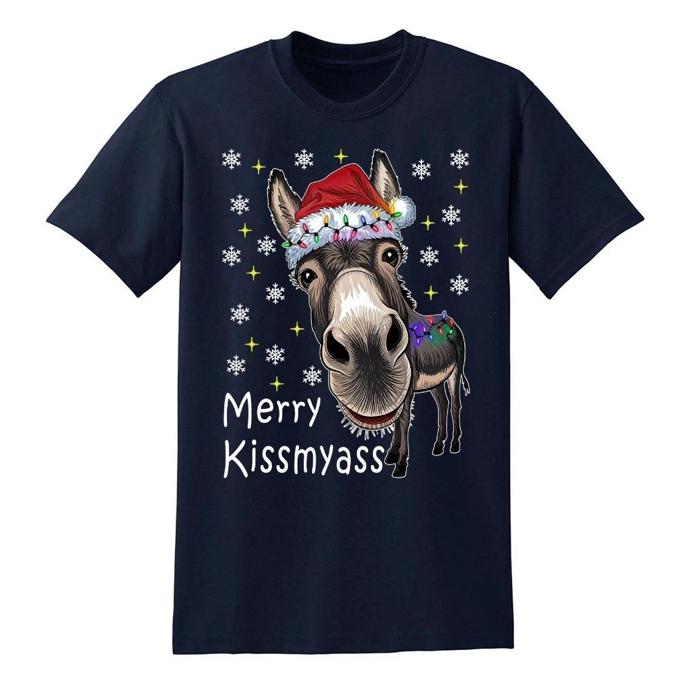 ميلاد سعيد KISSMYASS دونكي عيد الميلاد مضحك هدية الرجال عيد الميلاد التي شيرت نكتة المحملة قصيرة الأكمام عالية الجودة ملابس علوية من القطن الشارع الشهير