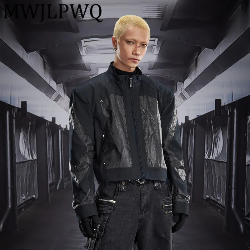 

MWJLPWQ Мужская нишевая тяжелая короткая куртка с темным сращиванием, свободные топы унисекс с воротником-стойкой и подкладкой, 12822