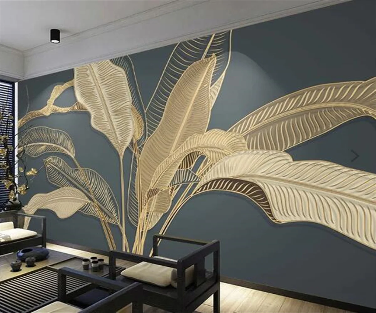 Customize any size wallpaper Atmosphere banana leaf light luxury gold line relief TV sofa background wall decoration wallpaper