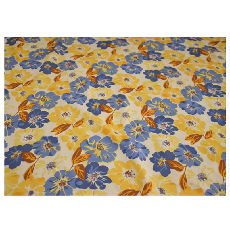 Chiffon fabric with large flower print, high quality, retro, yellow, blue, for spring and summer dress, cheongsam, t2005