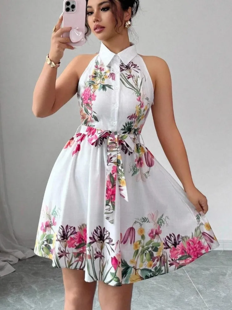 Neues bedrucktes Kleid mit Neckholder und Bindeband an der Taille für Damen, Sommermode, elegant, lässig, ärmellos, für Urlaub, Party, Minikleider für Damen