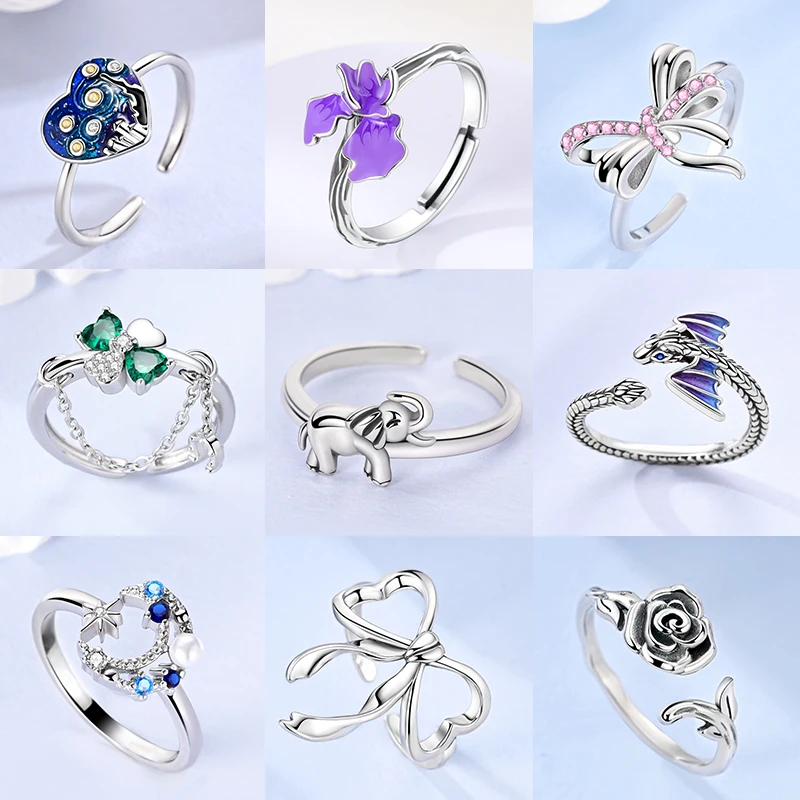 

925 Silver Ring For Woman Flower Butterfly Moon Original Bow Heart Rose Open Ring Fashion Jewelry