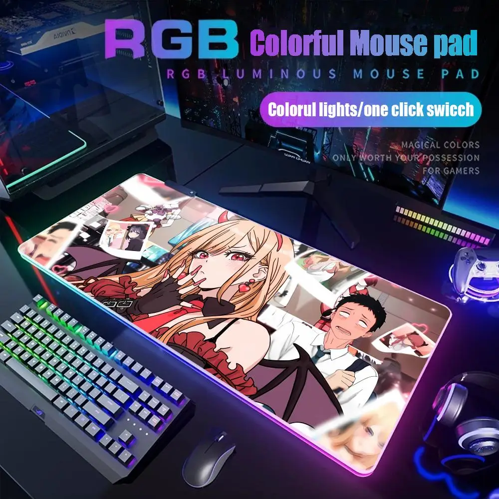 

My Dress-Up Darling Kitagawa Marin Gojo Wakana Mouse Pad Gamer Rgb Desk Mat Back Light Led Mousepad Setup Deskmat Big Mousepad