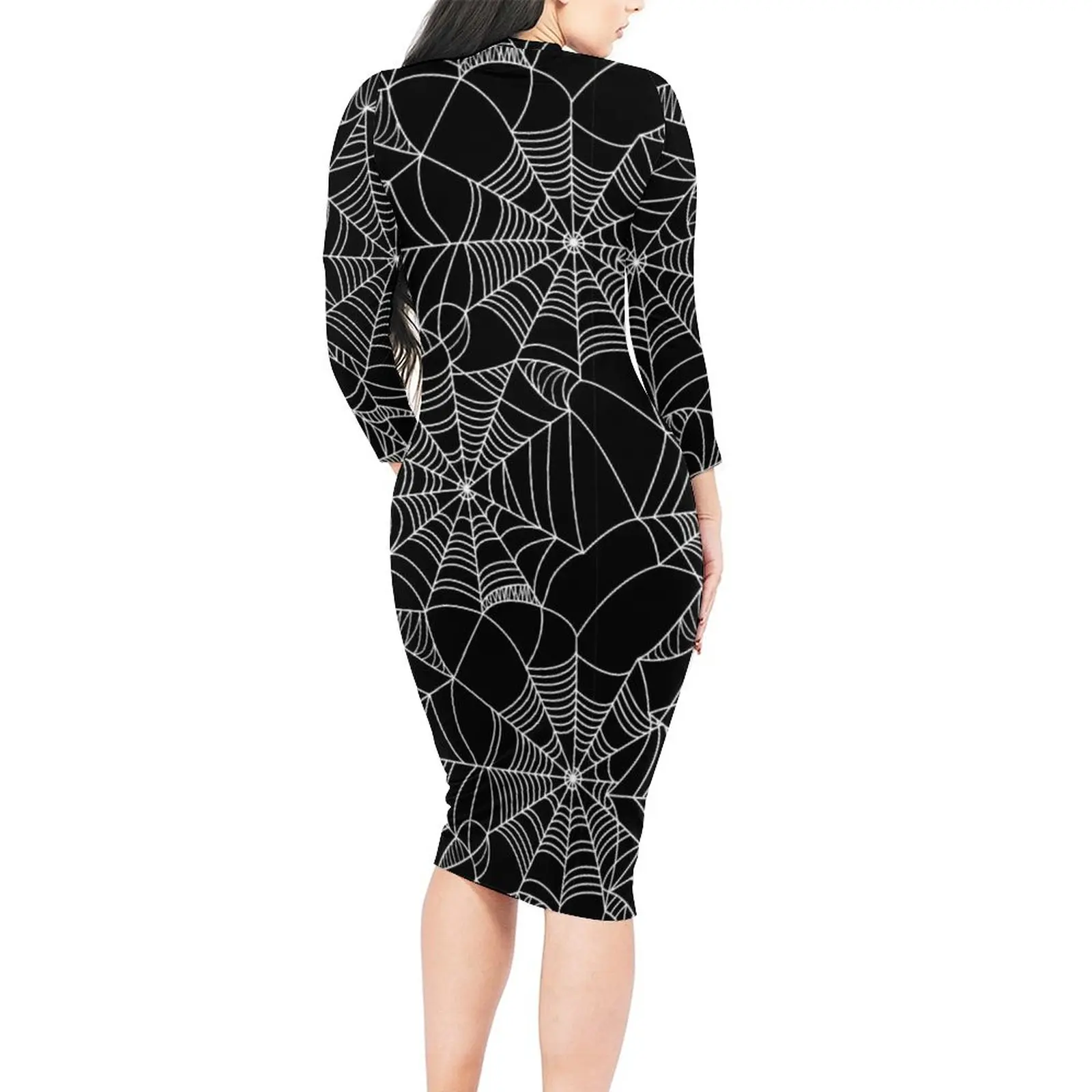 Fun Halloween Dress Long Sleeve Spider Web Print Street Wear Dresses Autumn Vintage Bodycon Dress Lady Pattern Oversized Vestido