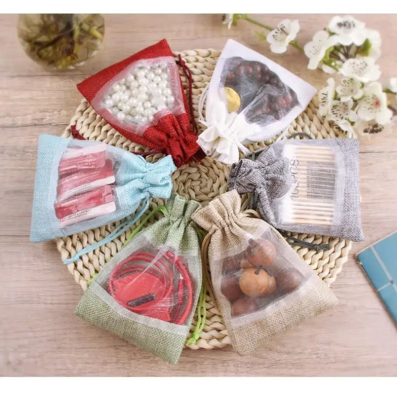10pcs Window Linen Bundle Pocket Mesh Splicing Bag Cosmetic Organizer Storage Bag Jewelry Drawstring Storage Bag