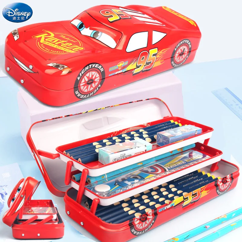 Imagem -03 - Disney Mcqueen Estojo de Lápis de Três Camadas Grande Capacidade Desenhos Animados Car Stereo Aprendizagem Presente Papelaria Multi-function