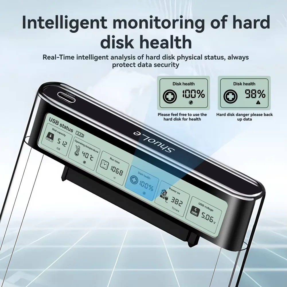 Obudowa na dysk twardy HDD SSD 2.5'' Smart Display, zewnętrzna obudowa na dysk USB3.2 Gen2, przezroczysta przenośna obudowa do przechowywania dla laptopa PC