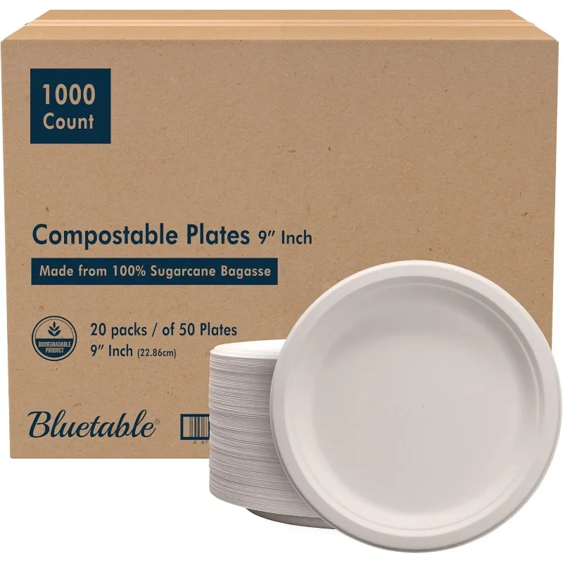 

Compostable Paper Plates 9 Inch Bulk Plates [1000 Case Pack] - Biodegradable Made from 100% Sugarcane - Heavy Duty Disposable