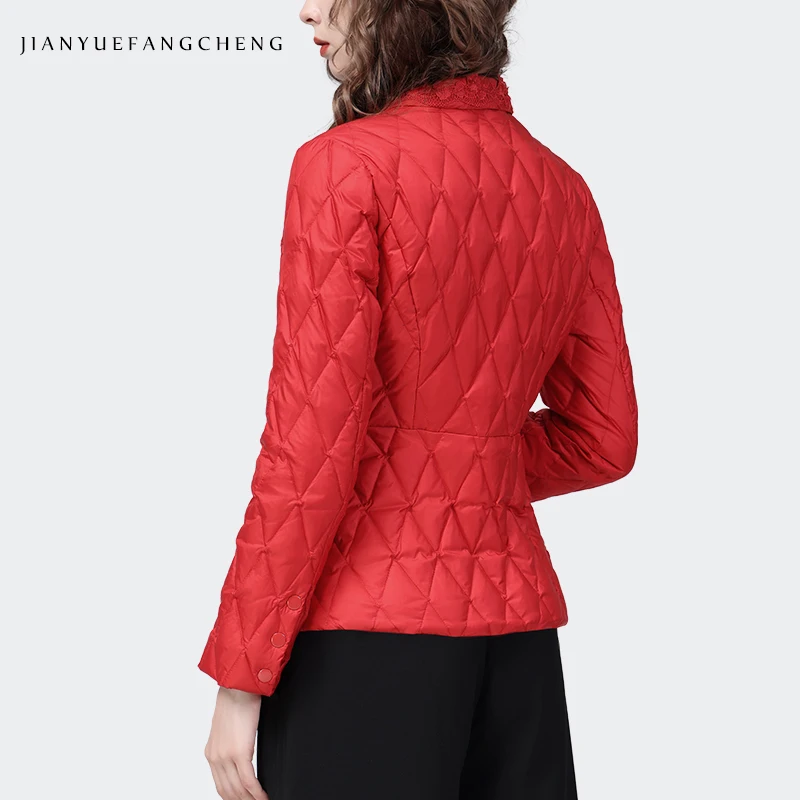 Chaqueta de plumón con cuello en V bordada para mujer, abrigo grueso y cálido de plumón de pato rojo, Abrigo acolchado de algodón, novedad de 2022